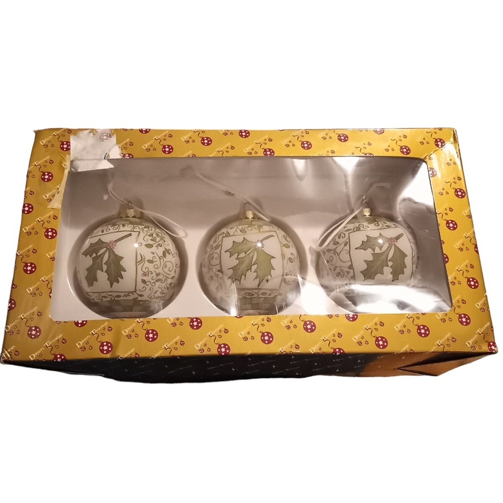 Dillard's Trimmings 3 Vtg Glass Christmas Tree Ornaments Green Holly Berries